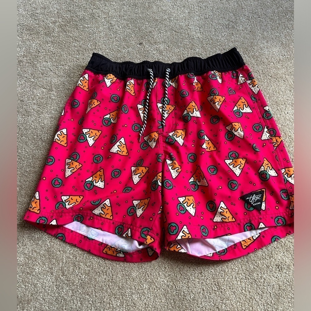 Men’s Swim Trunks Size Large T Fox Brand Pizza Novelty Shorts Pockets Eclectic